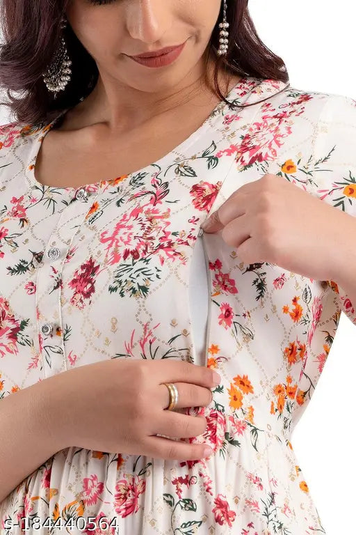 Rayon Anarkali Maternity Kurti, three-quarter sleeves, printed combo, zipper & belt - Trendy Indian maternity fashion