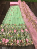 Embroidered silk and net Lehenga & Dupatta set with intricate thread work and cut work brodery, Indian traditional wear semi-stitched