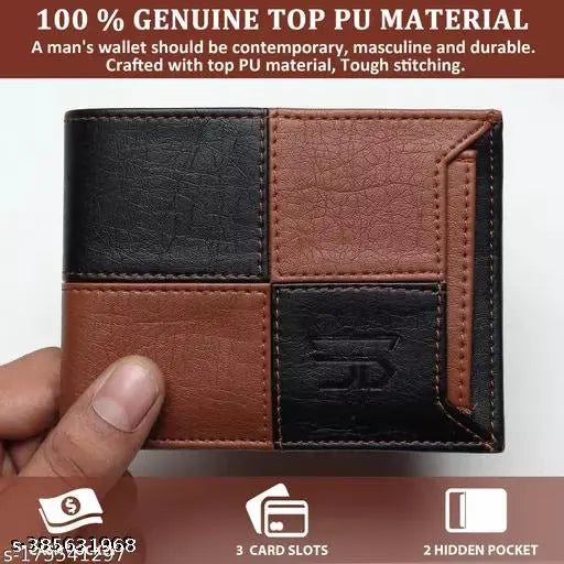 Faux leather men's square ATM wallet, colorblock design with durable cloth lining, features 3 credit card slots, ID holder, coin pocket, and secret compartments
