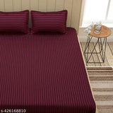 Wine striped satin-cotton bedsheet set (90 x 100 INCH), King size with 2 pillow covers by Kirat Decor