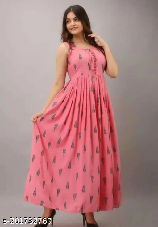 Peach rayon kurti gown, printed combo, sleeveless, festive/casual wear, India