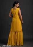Yellow Georgette Sequinned Ethnic Set: Sharara Kurta with Dupatta, XL-3XL, Made in India