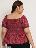 Maroon plus size bandhani print crepe top with square neck and puff sleeves, woven from India
