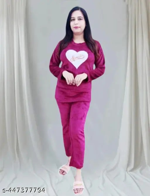 Maroon women's woolen night suit for winter, solid design, long sleeves, made in India