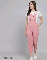 Pink cotton printed dungaree dress by M S Fashion House, women's size S, M, L with short sleeves and cat print pattern