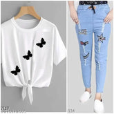 Unique denim light jogger & jeans with cotton blend t-shirt combo pack 2, trendy feminine style for women's casual wear