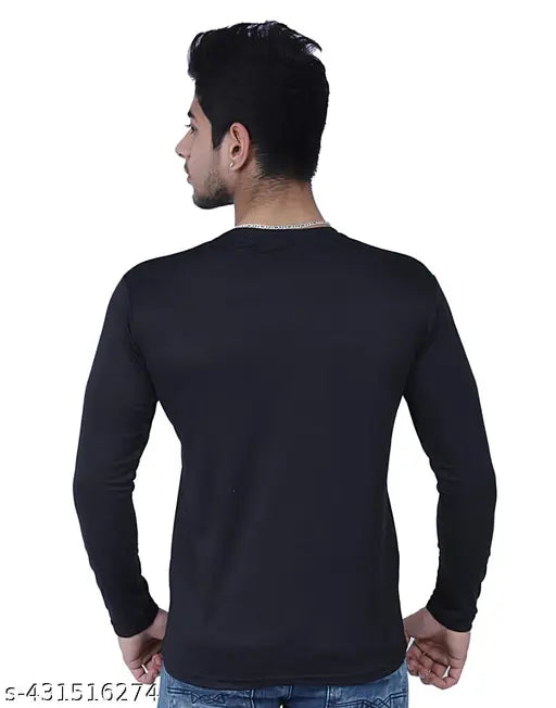 Black men's solid pattern round neck polyester T-shirt, long sleeves with full sleeve option. Men's style T-shirt available in sizes M, L, XL and S with chest sizes from 36 to 42 inches. Made in India