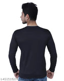 Black men's solid pattern round neck polyester T-shirt, long sleeves with full sleeve option. Men's style T-shirt available in sizes M, L, XL and S with chest sizes from 36 to 42 inches. Made in India