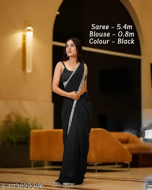 Lightweight Georgette saree with trendy mirror lace blouse, embroidered ethnic wear for women, free size, made in India