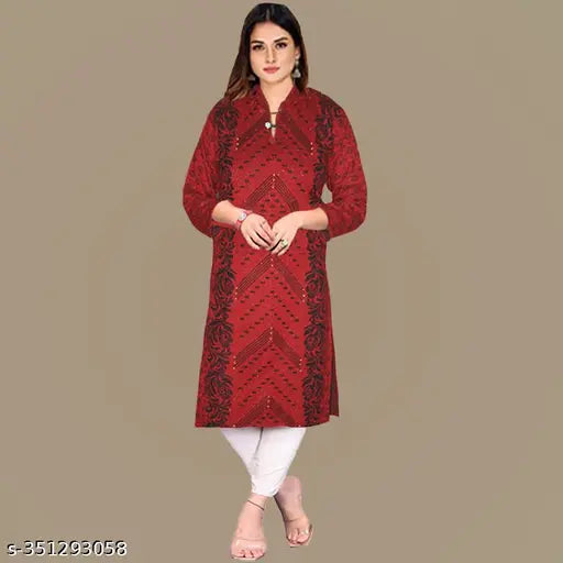 Stylish wool kurta in three-quarter sleeves, printed combo. Winter season wear in low price, M, L, XL, XXL sizes. Quality Indian-made woolen a-line kurta for daily use