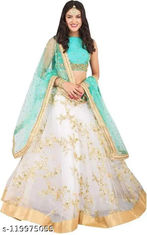 Embroidered semi-stitched silk lehenga choli with net bottom and satin dupatta, free size (Indian traditional outfit on mannequin)