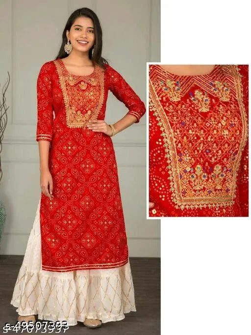 Red Jaipuri sharar set gotta work kurta with three-quarter sleeves, printed net rayon fabric, Indian traditional wear