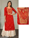 Red Jaipuri sharar set gotta work kurta with three-quarter sleeves, printed net rayon fabric, Indian traditional wear