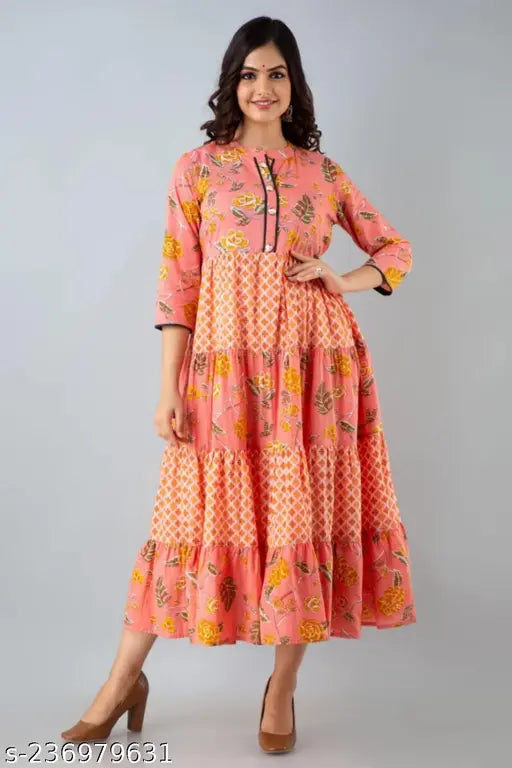 Rayon printed women's anarkali with three-quarter sleeves, Malti New Indian fashion on mannequin
