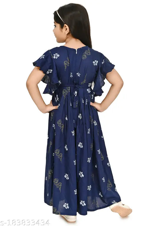 Navy blue rayon kids floral kurti with short sleeves, printed net pattern for 2-3 year olds