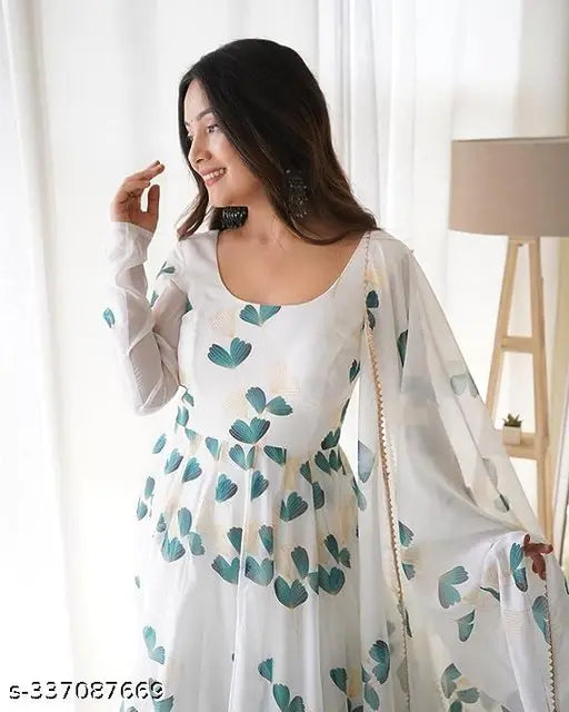 Trendy georgette digital printed gown with floral design and pearls lace border for women, hand wash only