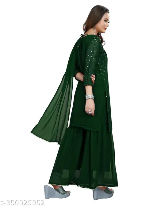Georgette embroidery sharara salwar suit set, ready-to-wear women's kurta and bottomwear with dupatta