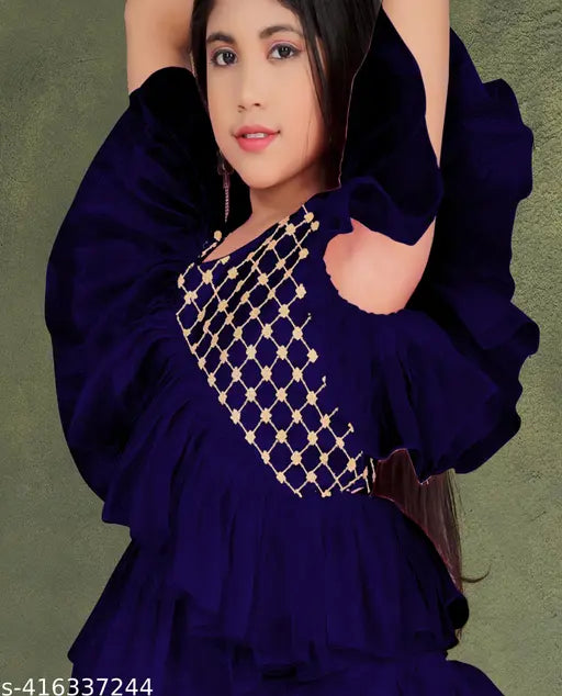 Indian net anarkali kids gown, featuring short sleeves and intricate print pattern for young girls aged 5-16 years, ideal for festivals or events