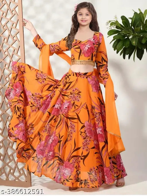 women's floral print semi-stitched lehenga choli set in net fabric, free size for girls aged 3-15 years