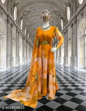 Georgette round neck long sleeve mill printed gown with dupatta, versatile for casual to formal events, women and girls, India origin