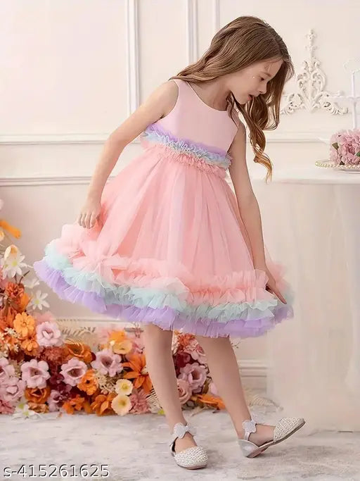 Cotton sleeveless printed net pink frocks dress for kids aged 2-3 years, stylish girls' attire for parties or events. Indian brand Niren Enterprise