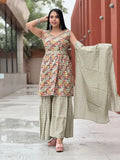 Hand-embroidered cotton Kurta, Sharara & Dupatta Set with intricate prints. Sleeveless Indian attire for all occasions, perfect fit and soft fabric, available in M, L, XL, XXL sizes. Made in India