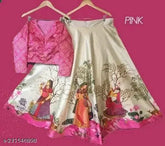 Girls fancy silk blend lehenga choli with printed Madhubani stitch, three-quarter sleeves. Comfortable satin varient fabric, panihari digital print for parties and family functions. India origin