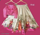 Girls fancy silk blend lehenga choli with printed Madhubani stitch, three-quarter sleeves. Comfortable satin varient fabric, panihari digital print for parties and family functions. India origin