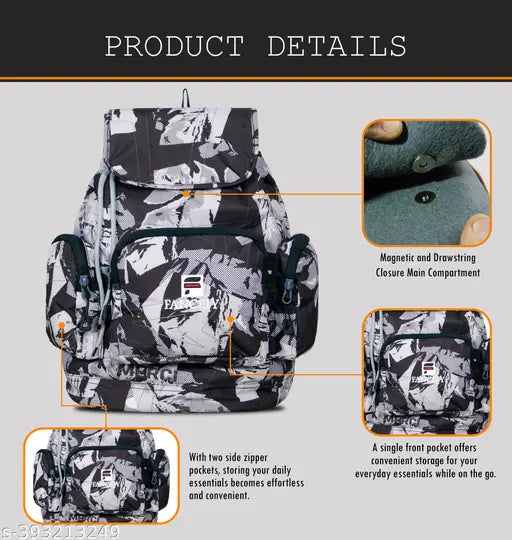 Black/white textured polyester medium backpack for school, college, or casual use - spacious with drawstring closure and additional pockets