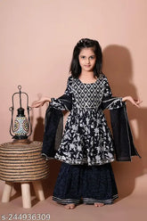 Black rayon kurta sharara set with printed embroidery for baby girl, three-quarter sleeves on display
