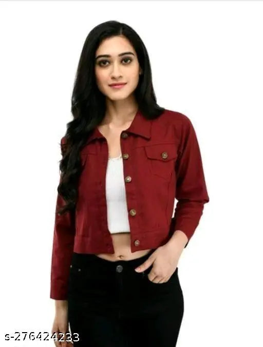 New Classic Enterprises Maroon Denim Women's Jacket - Solid, long sleeves, India-made