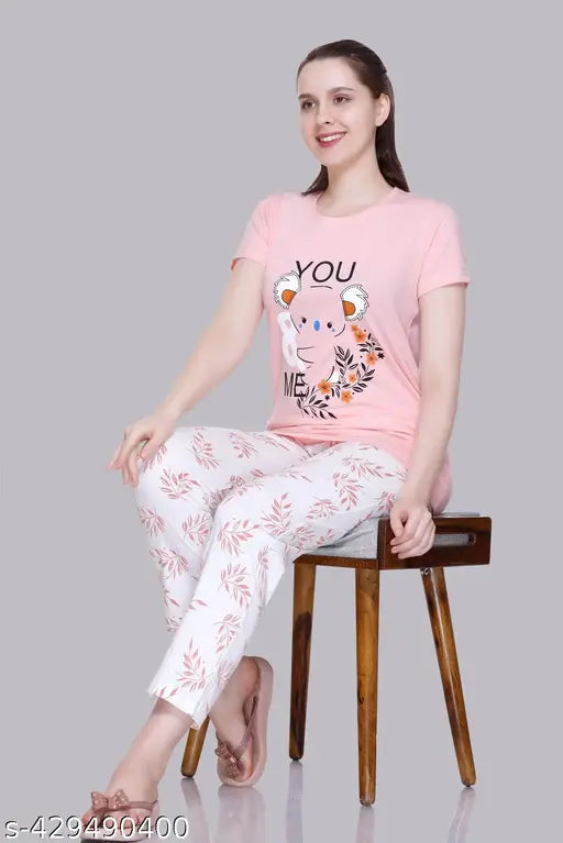 Women's cotton printed half sleeve night suit set, fun patterned sleepwear for girls (2 pieces: top & pyjamas)