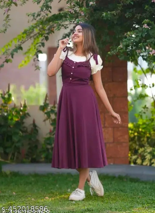 Women's wine-colored rayon dungaree dress, sleeveless with solid shoulder design, classic casual style