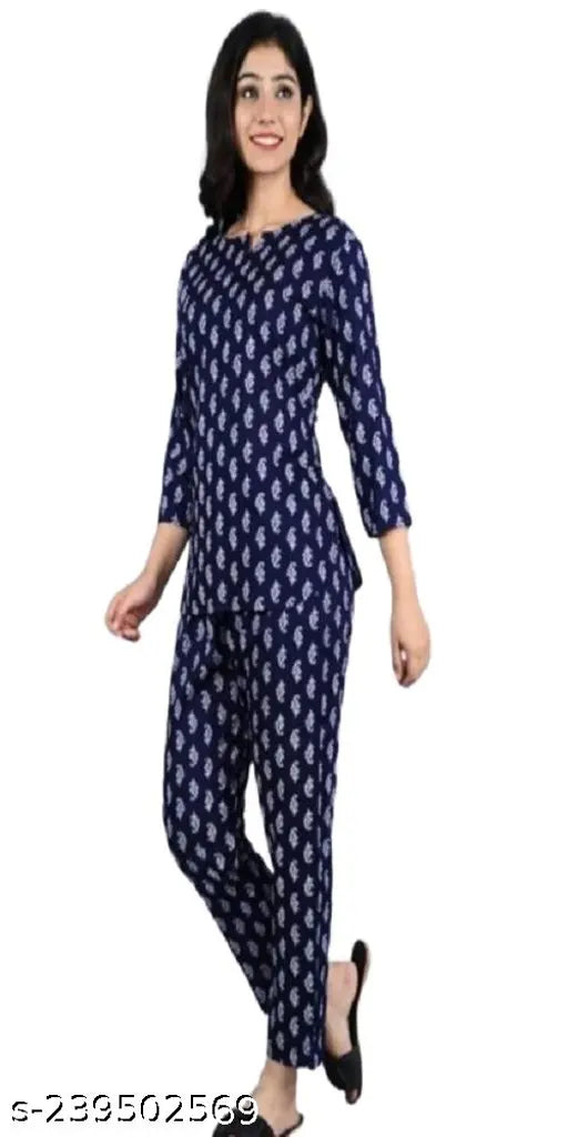 Dark Blue Rayon Night Suit with Three-Quarter Sleeves, printed net pattern on pyjamas bottom. Ethnic collection by JALSHA from India