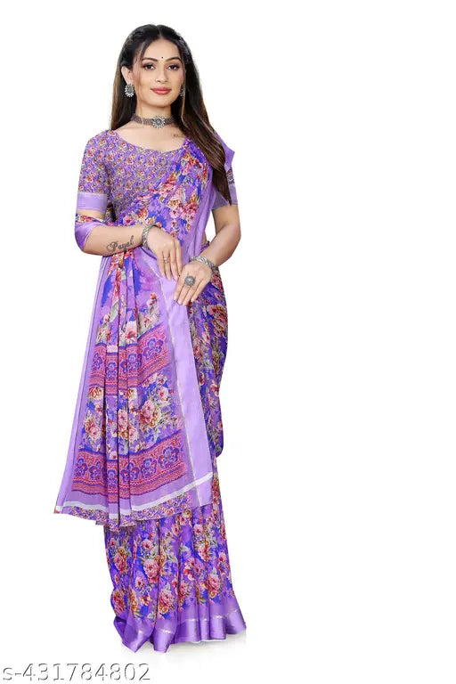 Bright colored, Bemberg Georgette digital print ethnic saree with satin border & unstitched blouse - ideal for parties, weddings, and festive wear