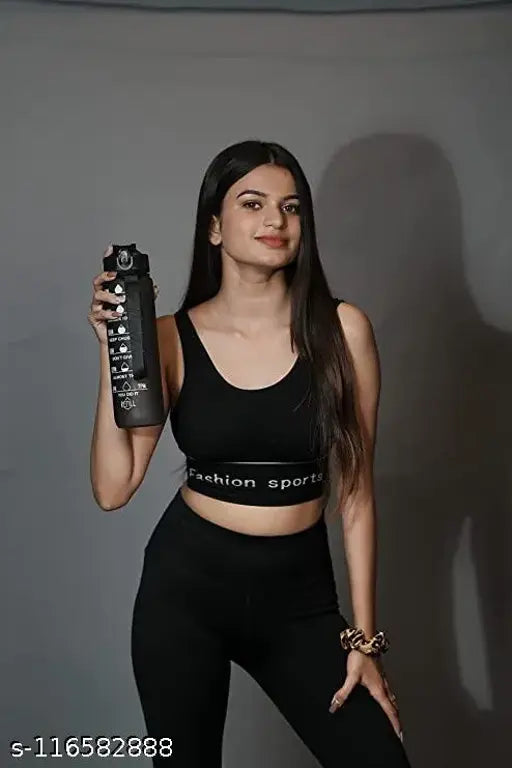 Black BPA-Free 1L sports water bottle with time markings, perfect for office, gym, school, yoga, and outdoor activities
