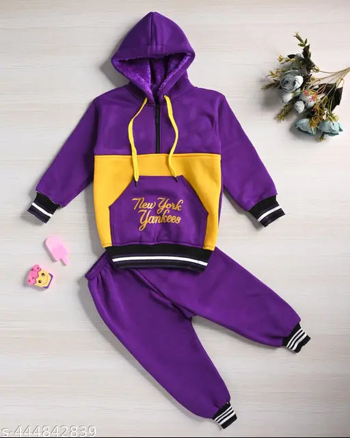 Cotton blend hoodie style sweater set for kids, printed top with solid bottom, three-quarter sleeves, India origin