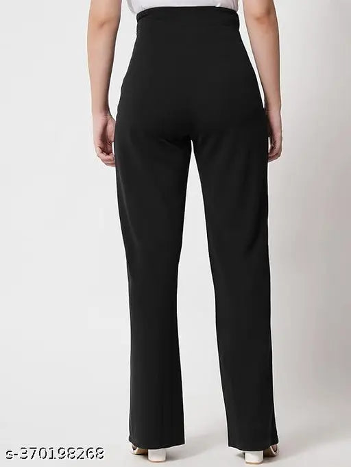 Cotton Lycra women's trousers, solid pattern, comfortable and easy to wear for casual occasions. High-rise pleat-front style with zipper fly closure. Made in India