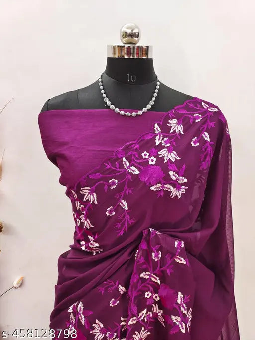 Georgette and Bangalori silk, embroidered saree with running blouse, perfect for festive or wedding wear, soft finished, dry clean only, India origin