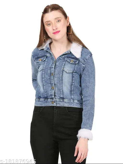 Blue denim fur jacket, SUBH Women's three-quarter sleeve full-sleeve style with polo neck, Indian-origin