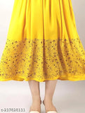 Yellow printed rayon flared kurta, three-quarter sleeves, Indian traditional women's fashion on mannequin
