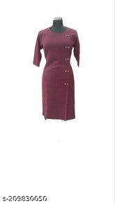 Purple winter woolen kurti with three-quarter sleeves, solid design. Hand wash only, regular fit. Size: M, L, XL, XXL, XXXL (Bust sizes 38in, 40in, 44in, 46in). Made in India