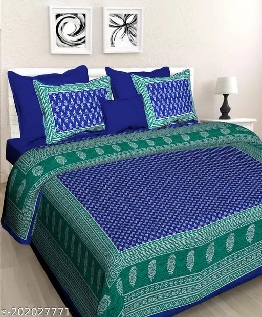 Cotton double bedsheet with Rajasthani Jaipuri print, 250 thread count, ideal for summer, 2 pillow covers included, origin India