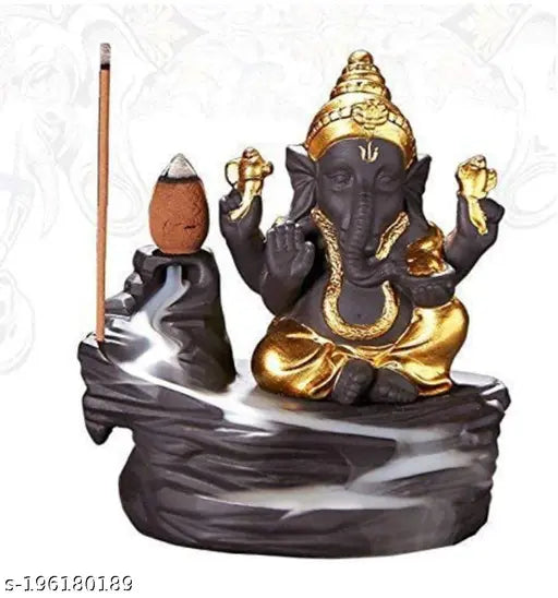 Golden poly resin Smoke Waterfall Lord Ganesh idol, 10cm tall and 10cm wide, with backflow incense cones