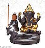 Golden poly resin Smoke Waterfall Lord Ganesh idol, 10cm tall and 10cm wide, with backflow incense cones