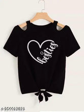 Black lycra short sleeves shirt with shoulder heart attech besties printed pattern, size S (bust 32in, length 18in)