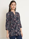 Black viscose rayon longline top, floral printed mandarin collar with pintucks, three-quarter sleeves. Plus size women's fashion, India origin