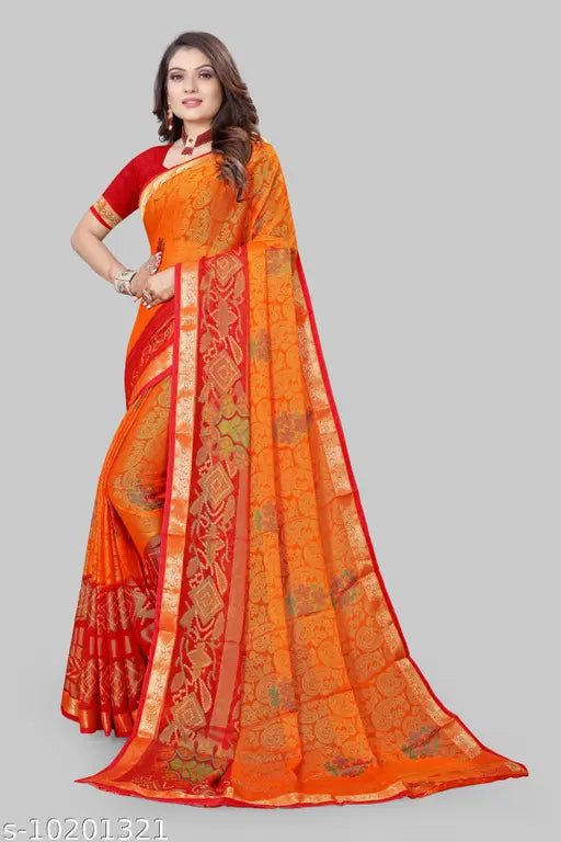 Trendy chiffon saree with separate silk blouse, printed pattern matching border, free size, 5.5m long, India origin