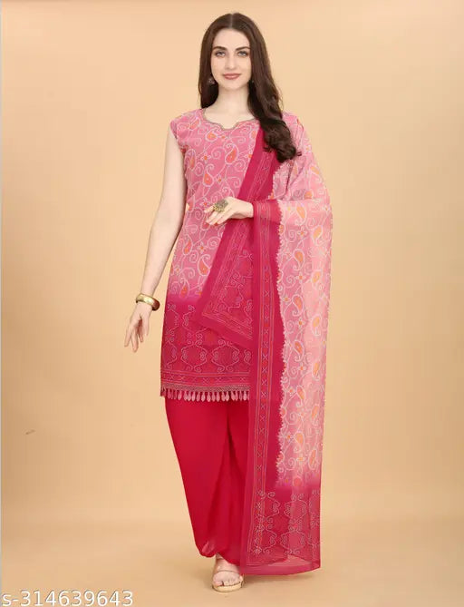 Printed georgette Palazzo kurti set for women with dupatta and pants, solid hues and three-quarter sleeves