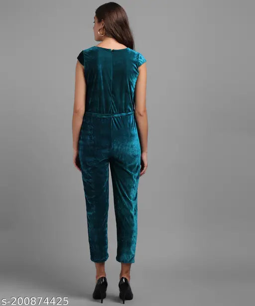 Green velvet jumpsuit for women: Vivient Women Solid, short sleeves, India-made, elegant evening wear